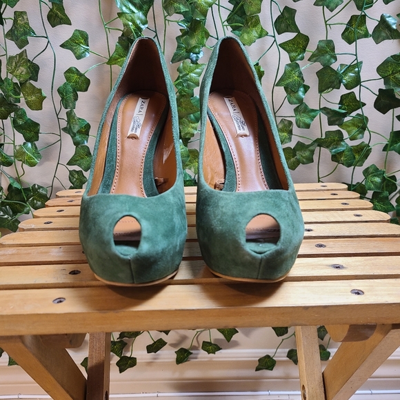 Zara Women's Faux Suede Green Gold Platform Evening Peep Toe Heel - Picture 10 of 16